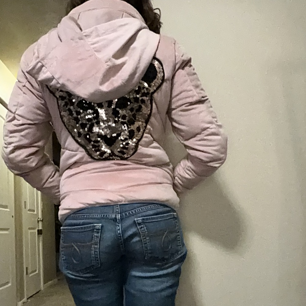 Parisian Leopard Velvet Blush Ladies Puffer Jacket Sz 6 - Picture 2 of 4
